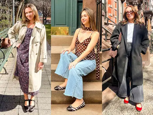 A person in a trench coat wearing the Everlane The Day Buckle Mary Jane, A person wearing a red pair of Dolce Vita Reyes Ballet Flats, A person sitting on a stoop wearing the Tory Burch Cap Toe Flat