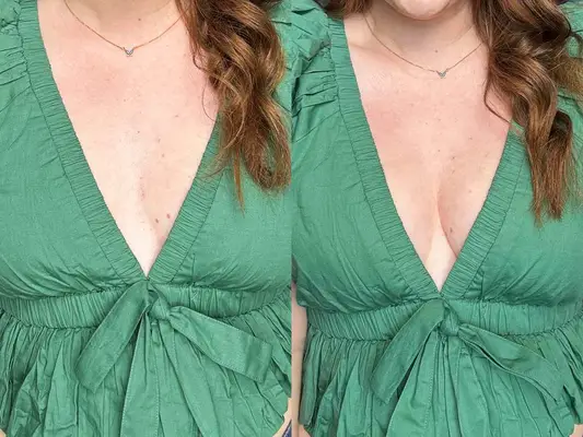 Perky Pear boob tape test with a woman in a green top showing before and after