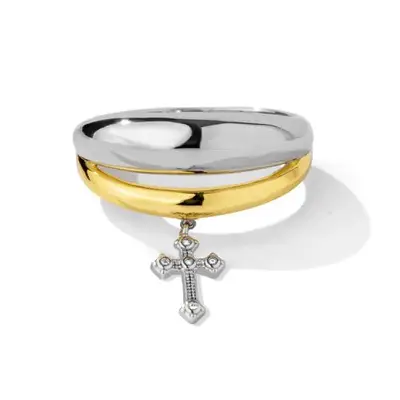 gold and silver layered ring with dangling cross