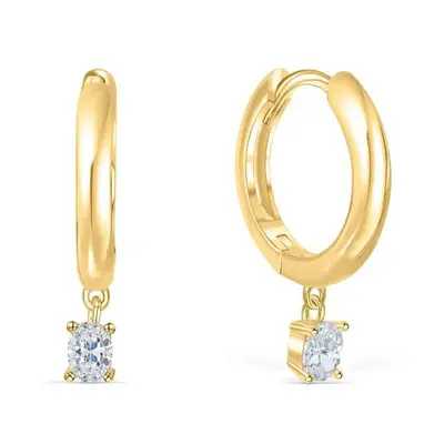 gold huggie earrings with dangling diamonds