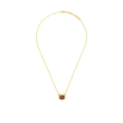 long gold necklace with red stone pendant