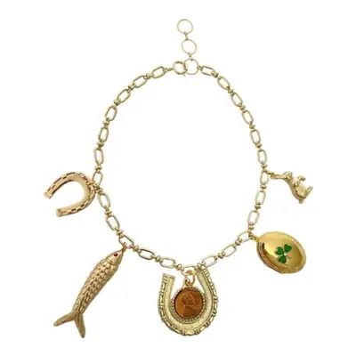 gold charm necklace with horse shoe, fish, and more