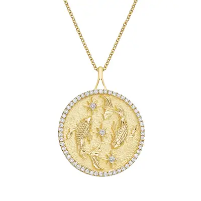 three layered charm necklace with beads, gold medallions, lemons, cherry, more