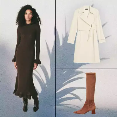 White trench-style coat, brown knit dress on model, and brown suede knee-high boots