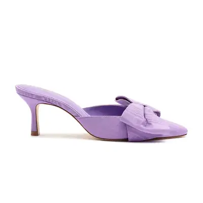 Larroude Mini Elle Pump in iris purple fabric with bow detail