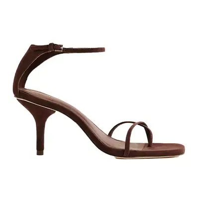 Reformation Gigi Strappy Mid Heel Sandal in chocolate suede