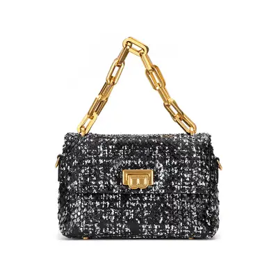 Brandon Blackwood Yuta Bag in tweed snakeskin black and white with gold chain strap