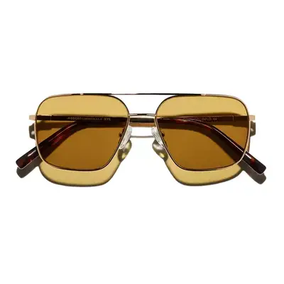 Moscot Shtarker aviator sunglasses in gold frames with amber tinted lenses