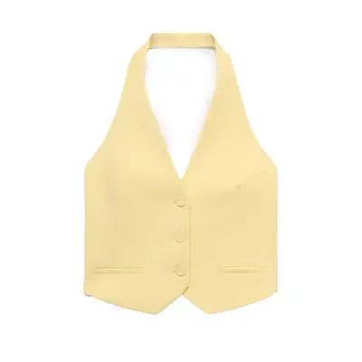 Mango Halter-Neck Gilet with buttons in butter yellow