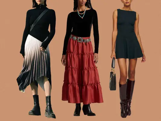 Three models standing side-by-side wearing clothing from petite clothing stores against a colorful background