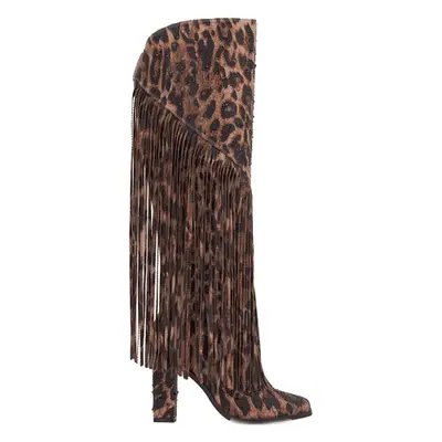 Jessica Simpson Asire Knee-High Fringe Boots in leopard print
