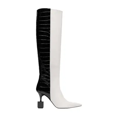 Jacquemus Mixed-Leather Cube Heel Knee Boots in black and white