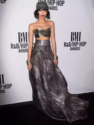 Zendaya wears a metallic bandeau and maxi skirt from Rubin Singer to the 2014 BMI R&B/Hip-Hop Awards