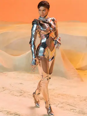 Zendaya wears a vintage chrome Mugler bodysuit at the Dune: Part Two world premiere
