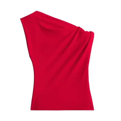 Abercrombie & Fitch Asymmetrical Jersey Crepe Draped Top in bright red