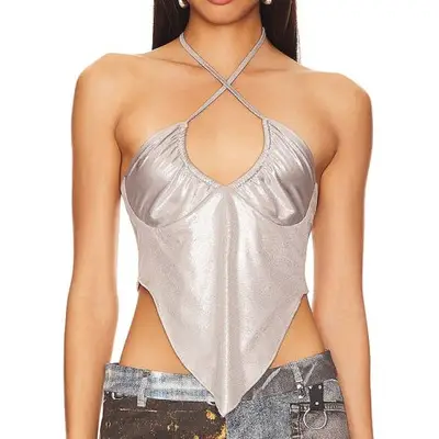 Superdown Devon Halter Top in silver on model styled with jeans