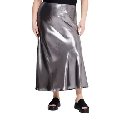 Wild Fable Metallic Trumpet Maxi Skirt in silver on model