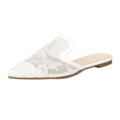 Allegra K Pointed Toe Floral Embroidery Flats Mules in white