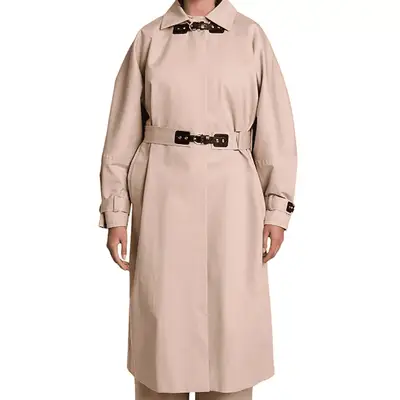 Maje Gecosse Jacket in beige with black buckle details on model