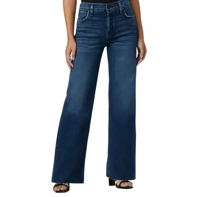 Hudson Jeans high-waisted wide leg jeans on model paired with black heels
