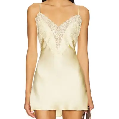 Guizio Nova Slip Mini Dress in honey butter yellow on model