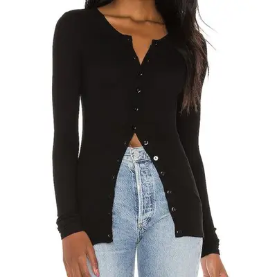 Enza Costa Silk Rib Fitted Long Sleeve Cardigan in black