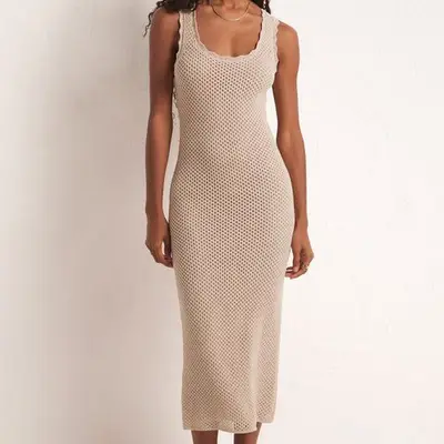 Z Supply Ibiza Crochet Sweater Maxi Dress in natural beige on model