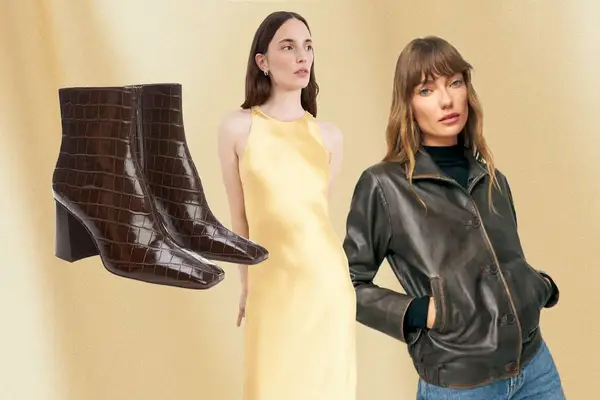 Brown croc boots, yellow satin dress on model, and brown leather jacket on model styled with jeans and black top