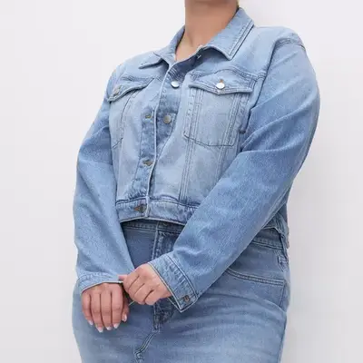 Good American Classic Denim Jacket in light wash indigo