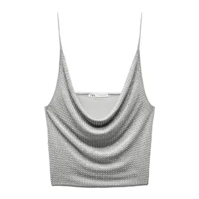 Zara Rhinestone Tulle Top in gray