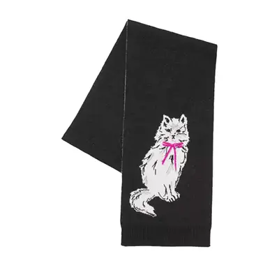 Kate Spade Pretty Kitty Scarf in black with white cat wearing pink ribbon