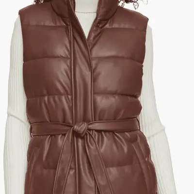 Photo of a belted chocolate hued puffer vest