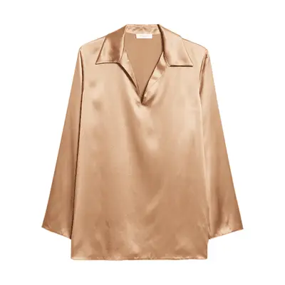 Lafayette 148 New York Silk Charmeuse Popover Top in camel
