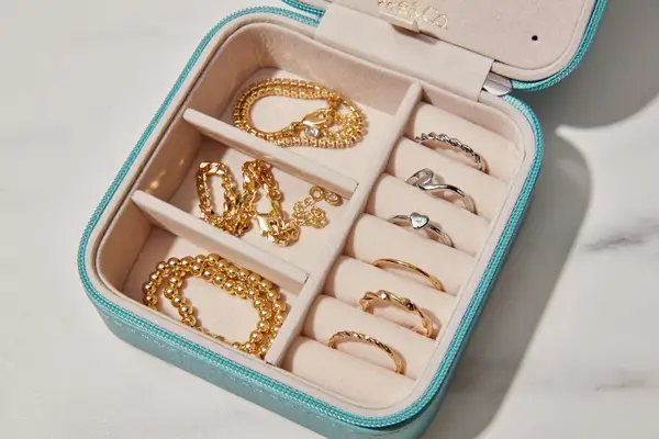 Close-up of an open Vee & Co. Small Travel Jewelry Case