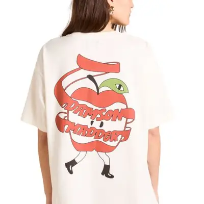 model wearing a t shirt with apple peel