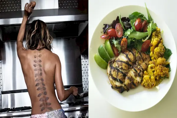 side-by-side images of Halle Berry cooking eggs on the stove topless and a plate of chicken with vegetables