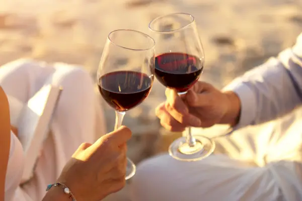 Couple drinking red wine on beach