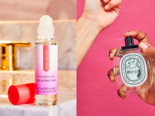 basic instinct pure romance perfume on a marble bathroom counter and person spraying l