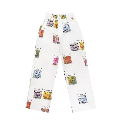 Tyler McGillivary Seed Packet Pants in white with multicolored packets