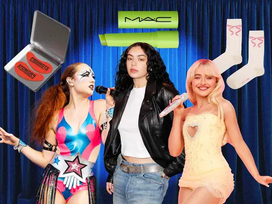 Chappell Roan, Charli XCX, and Sabrina Carpenter on a stage surrounded by gifts