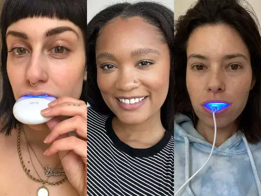 A collage of three people testing out various teeth whiteners we recommend