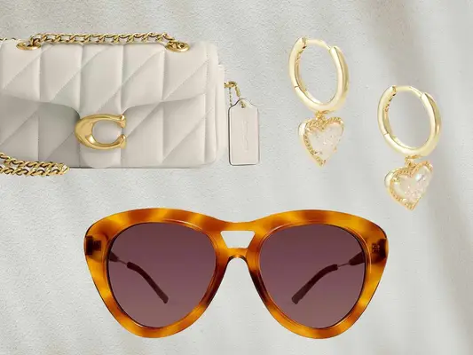 Coach Tabby purse, Kendra Scott heart huggie earrings, and Coco and Breezy sunglasses