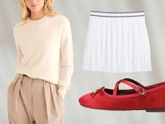 Sweater on model, white pleated tennis skirt, and red ballet flat