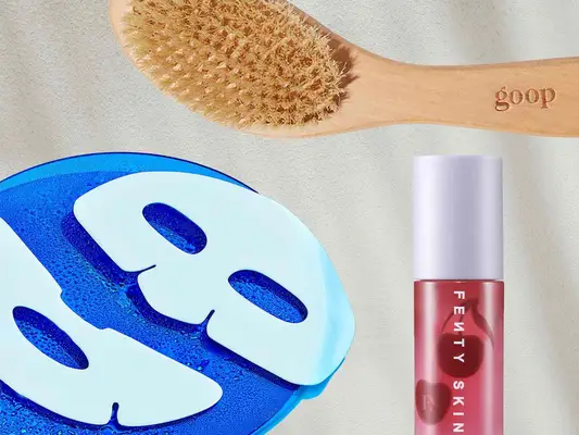 Face mask, cherry lip oil, and Goop body dry brush