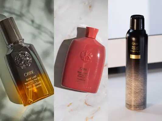 Collage of Oribe haircare products we love, including Dry Texturizing Spray, Gold Lust Nourishing Hair Oil and Bright Blonde Shampoo