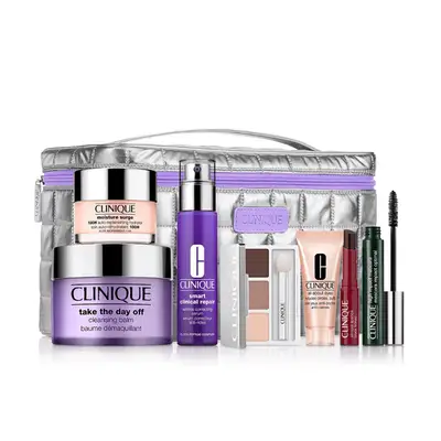 clinique gift set with silver makeup pouch on white background