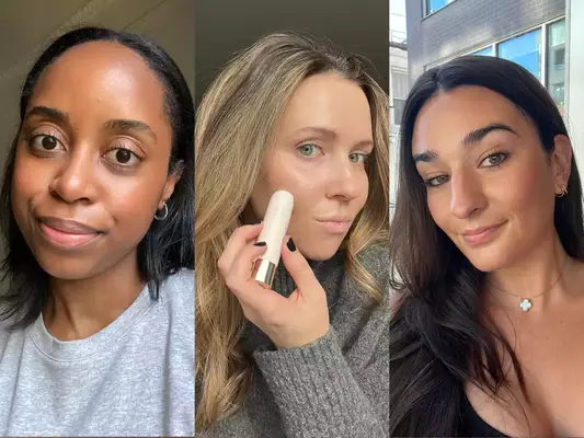 Three testers of contour sticks, including a tester applying the Rare Beauty Bronzer Stick