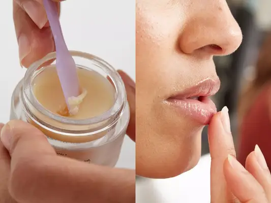 Lip masks being shown in container and applied on a female lip