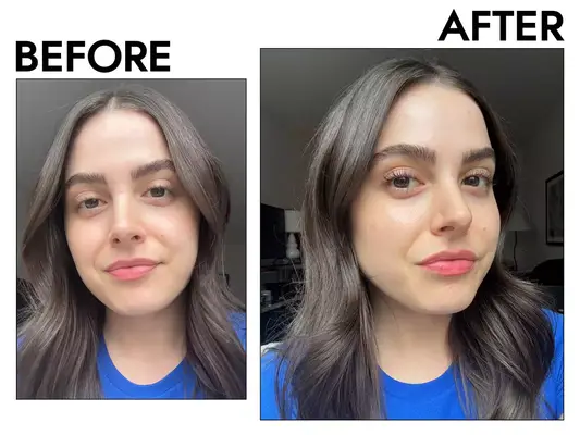 A side-by-side comparison of a woman before and after using a beauty product, showing her eyelashes with noticeable enhancement