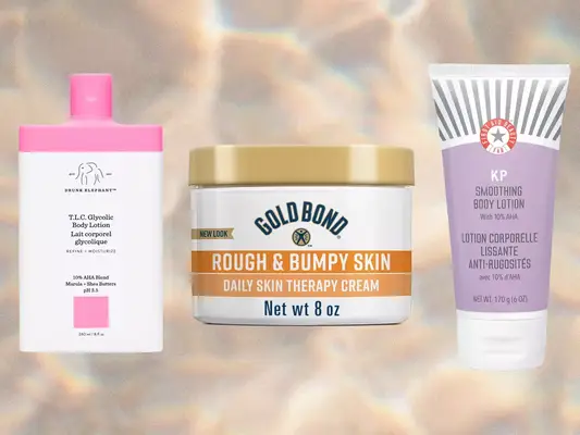 Three recommended lotions for keratosis pilaris, including Drunk Elephant, Gold Bond, and First Aid Beauty, collaged on a bumpy flesh-colored background 